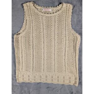 Kirundo Women's Beige Crochet Net Sleeveless Sweater Vest Boho Knit Size Small